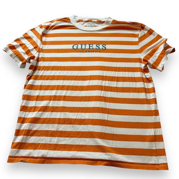 Guess Other - Guess Los Angeles Men's Striped T-Shirt Orange White Embroidered Logo Sz Medium